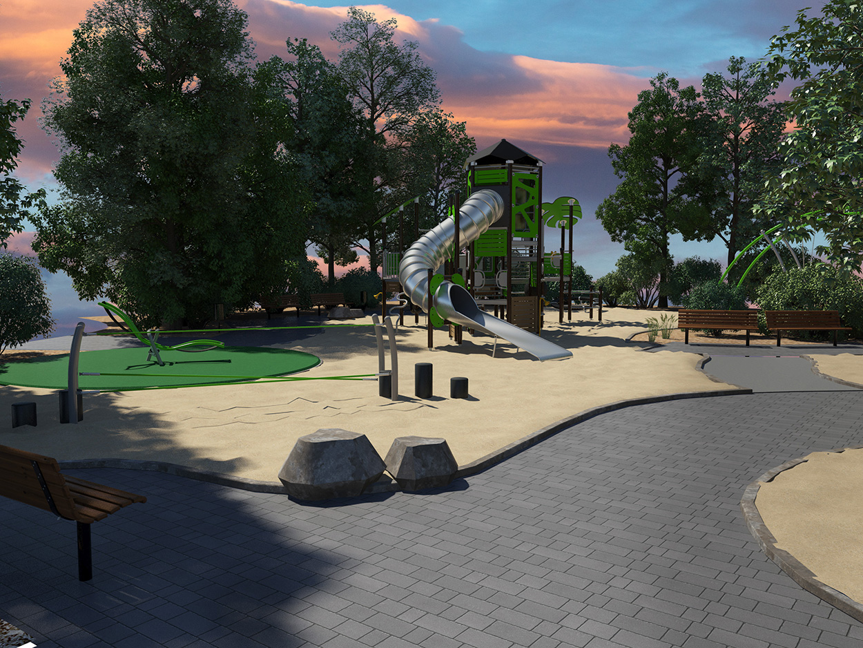 Render image of a custom playground design, in a park landscape there is a large playground tower with a large tube slide.